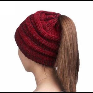 Burgundy Red Wine Ponytail Beanie Knit Hat